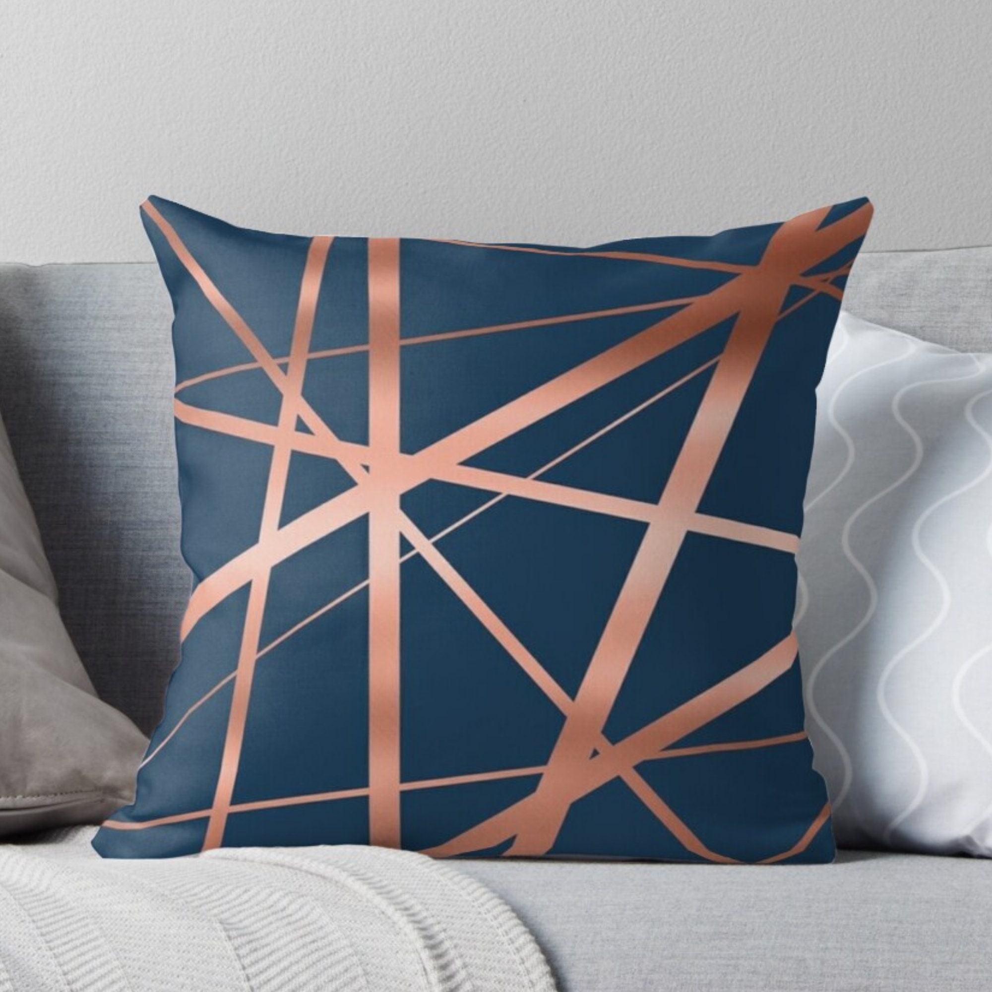 Geometric Navy Blue & Rose Gold Cushion Covers Decorative Etsy UK