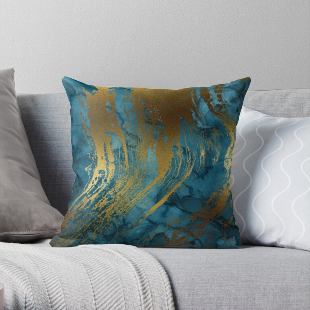 Blue & Gold Cushion Cover Abstract Pillow Covers Throw Etsy UK