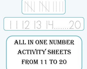 Puede incluir: Una hoja de trabajo en blanco y negro con el texto "ALL IN ONE NUMBER ACTIVITY SHEETS FROM 11 TO 20". La hoja de trabajo incluye una línea numérica del 0 al 20, una sección para escribir los números del 11 al 20 y una sección para dibujar líneas para representar los números.