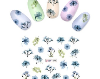 Blue Watercolor Floral Nail Art Decals (871-876)
