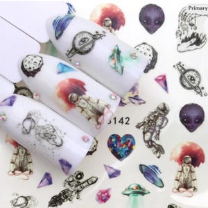 Alien Astronaut Nail Art Decals: Space Rocket Water Transfers