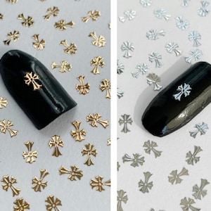 Gold/Silver Floral Cross Nail Charms: 3D Metal Art Slices