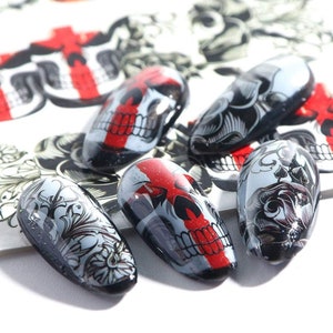 Nail Art Water Transfer Halloween Gothic Skull Goth Tattoos Red Cross DIY Nail Decals Manicure Decoration (1099-1104)