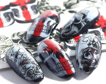 Gothic Skull Nail Art Water Transfer Decals: Halloween Goth Tattoos