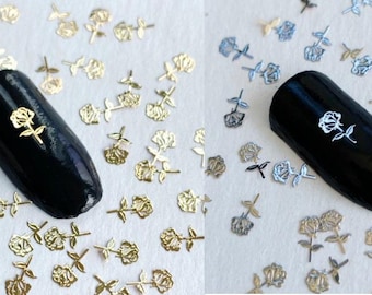 Rose Nail Charms: Gold & Silver Metal Flower Decals