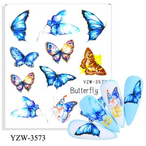 Blue Butterfly Floral Nail Art Decals: Spring Summer Stickers