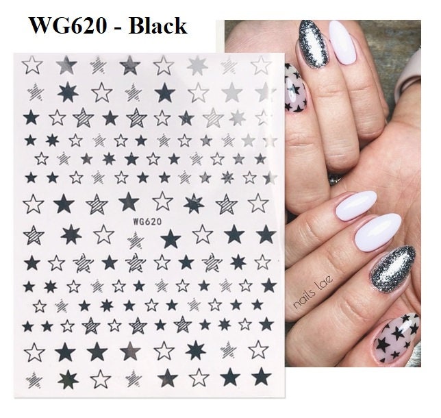 12 Blätter Sterne-Nagelsticker – 3D Selbstklebend In Silber, Gold, Schwarz & Weiß Für Kreative Nail-Designs