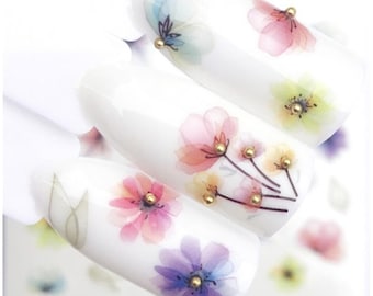 Watercolor Floral Nail Art Decals: Pink Purple Flower Stickers
