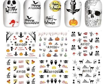Halloween Nail Art Water Decals: Gothic Skull, Black Cat, Spider Web