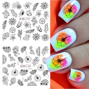 Nail Art Flower Butterfly Series Black Water Transfer Stickers Floral Geometric Tattoos 3D DIY Watermark Nail Decals Manicure Decoration