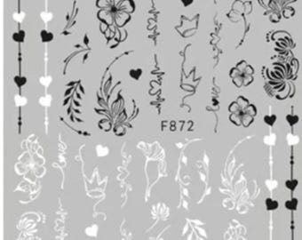 Self-Adhesive Nail Art Decals: Black, White, Floral, Leaf (F872)