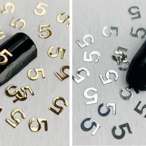 Gold / Silver Toned Metal Hollow Number Five &quot;5&quot; Decals 10/20/50 Pieces, Number 5 Nail Glitter, Nail Art Charms Slice DIY Manicure Tool