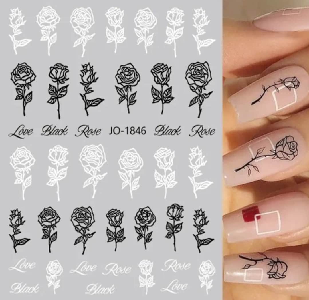 Black White Rose Nail Art Decals Selfadhesive Stickers Etsy