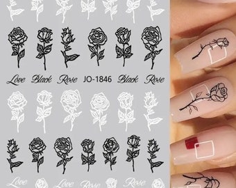 Black & White Rose Nail Art Stickers: Self-Adhesive Floral Decals