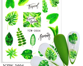 Calcomanías al agua con hojas tropicales para uñas: Envolturas de uñas DIY