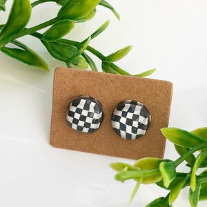Black Checkerboard Stud Earrings: Hypoallergenic Plastic Post
