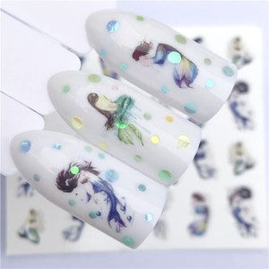 Decalcomanie per nail art con sirena e acquerello: trasferimenti per unghie estate oceanica