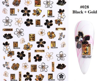 Black , Gold and White Flower Nail Stickers: 3D Holographic Art Decals