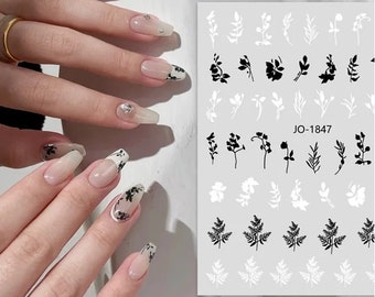 Black & White Floral Nail Art Stickers: Self-Adhesive Leaf Decals