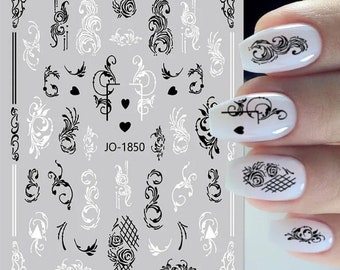 Black & White Floral Nail Art Decals: Self-Adhesive DIY Stickers