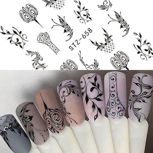 Nail Art Flower Series Black Water Transfer Stickers Floral - Etsy