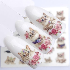 Nail Art Water Decals Spring Cute Kitty Cats Cat Flowers Roses Cats Lover DIY Designs Transfer Nail Wraps