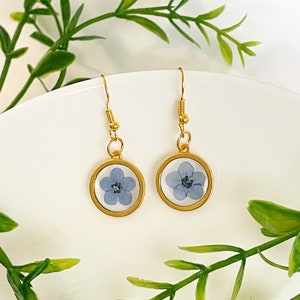 Gold Forget Me Not Flower Earrings, Dangle Round Earrings, Real Pressed Flower Earrings, Handmade Floral Earrings for Her