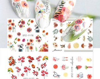 Watercolor Flower Nail Art Decals: Red Floral Nail Wraps
