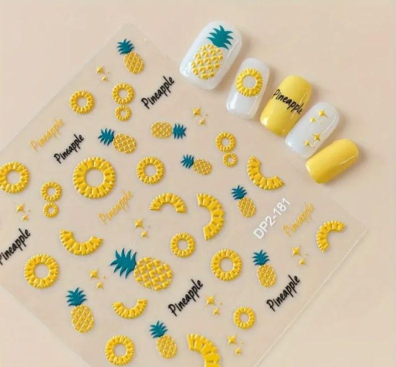 Lemon Pineapple French Tip Nail Stickers for Kids: 3D Self-Adhesive Nail Art image 3