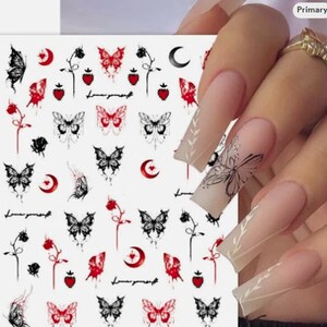 Gothic Butterfly Moon 3D Nail Stickers - Black & Red DIY Nail Art