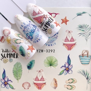 Nail Art Water Decals Nail Stickers Summer Vacation Beach Swimming Sunglasses Watercolor  Stickers Nail Designs Transfer Nail Wraps (3292)