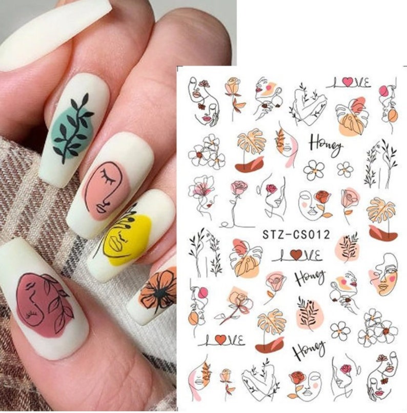 Bohemian Line Art Nail Decals: Abstract Face Self-Adhesive Stickers image 1