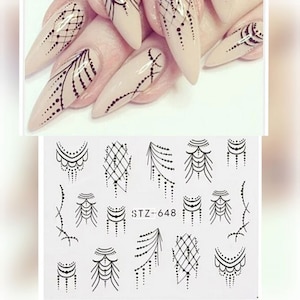 May include: Nail art stickers with a variety of black and white designs featuring geometric shapes, dots, and lines. The designs include a grid pattern, a series of cascading lines, and a scalloped edge. The sticker sheet is labeled "STZ-648".