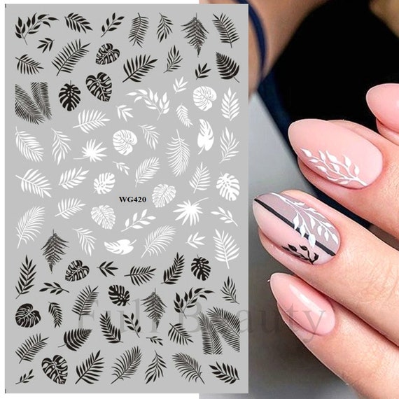 10 feuilles Noir Blanc Feuille Fleur Ligne Ongles Autocollants