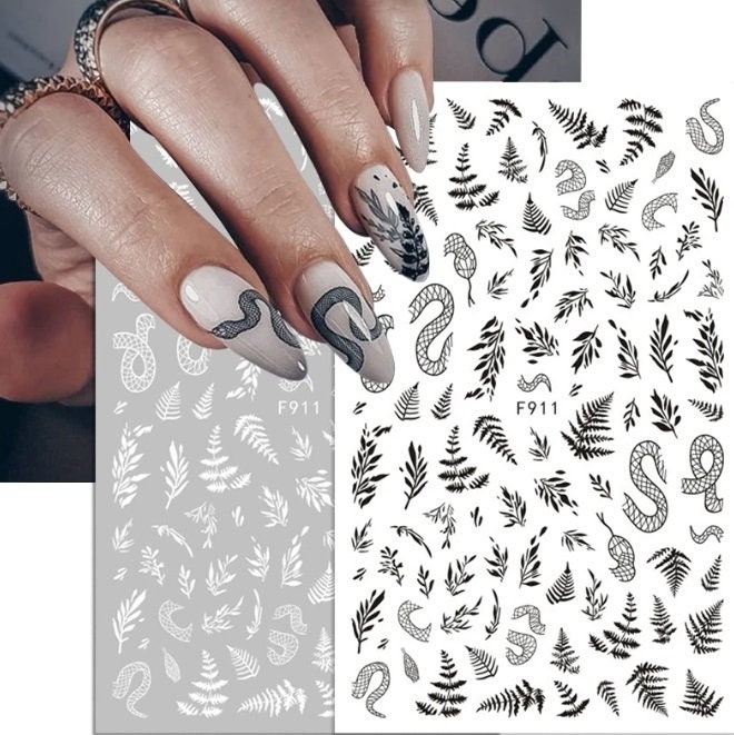 Black White Gothic Snake Leaf Nail Sticker Self-Adhesive 3D Nail Art Stickers #911