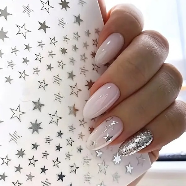 Silver Star Stars Nail Art Stickers 3D Self-Adhesive Sticker Design Stars DIY Nail Art Decals (353-Silver)