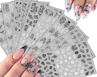 Black & White Floral Nail Art Stickers: Retro 3D Decals