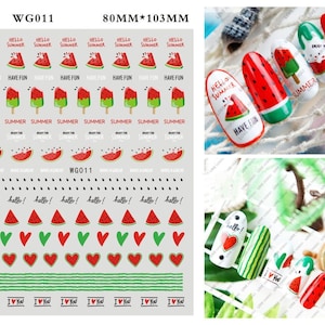 Nail Art Stickers Decals 3D Self Adhesive | Tropical Fruits Nail Decals | Watermelon Hearts Summer DIY Nail Art (011)
