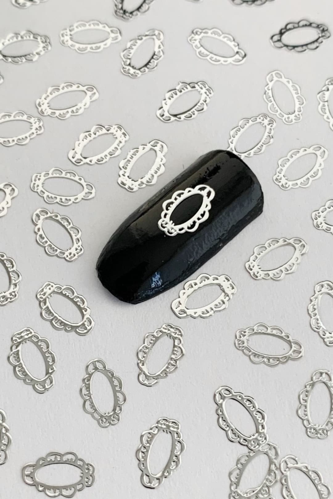 Silver Metal Floral Frames Nail Decals, Frame Nail Art Charms, Resin