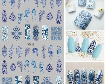 Blue Flower Nail Art Decals Stickers DIY Nail Decals Spring Simple Floral Leaf DIY Slider for Manicure #849