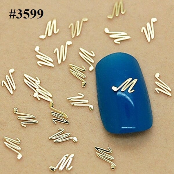 Gold Letter M Nail Decals: 3D Metal Charms, DIY Manicure