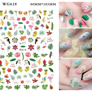 Adesivos 3D de Nail Art de Verão: Flamingo, Frutas Tropicais, Decalques de Folhas