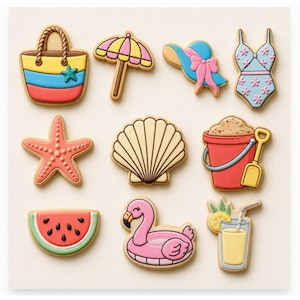 May include: A set of 10 Summer Essentials 3D printed cookie cutters featuring shapes of a beach bag, umbrella, sun hat, swimsuit, starfish, seashell, sand bucket with shovel, watermelon slice, flamingo float, and a drink with a straw.