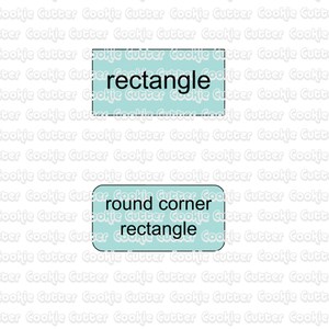 May include: Two light blue rectangles with the word "rectangle" in black text. One rectangle has sharp corners, and the other has rounded corners. The image is a guide for cookie cutters.