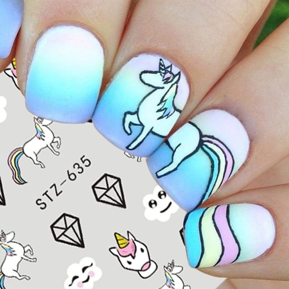 Nail Art Water Decals Nail Stickers Nail Art Cute Unicorn Horses Diamond Smiling Cloud Nail Designs Transfer Nail Wraps 635 Etsy Ireland