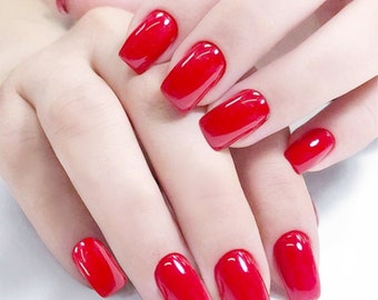Square Red Nails Etsy