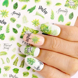 Adesivos de Nail Art com Folhas Verdes: Decalques de Palmeira 3D