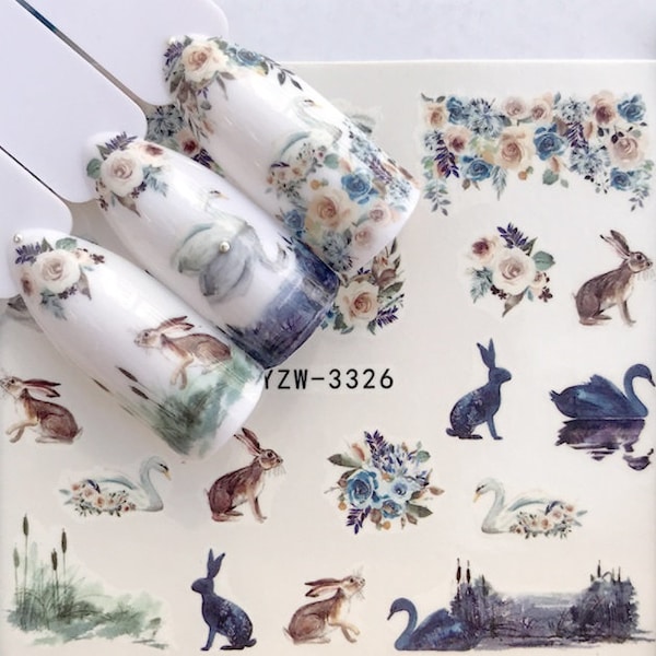 Nail Art Water Decals Stickers Transfers Spring Summer Swan Rabbit Flowers Floral Leaf DIY Nail Art Decorations (3326)