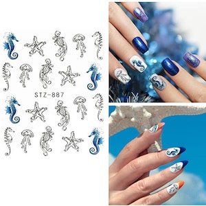 Nail Art Water Decals Nail Stickers Spring Summer Black Blue Ocean Seahorse Stars DIY Stickers Nail Designs Transfer Nail Wraps (887)