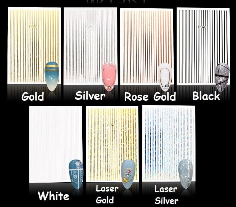 May include: Assortment of nail art strips in various colors, including gold, silver, rose gold, black, white, laser gold, and laser silver. The strips are arranged in rows on a white background.
